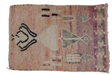 Vintage distressed Moroccan rug with abstract torch designs, dusty rose, purple, ivory tones. 3'11