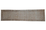 Vintage distressed Hamadan runner with muted ivory, silver, and powder blue Herati pattern. 3'6