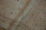 Distressed Hamadan runner detail: worn antique ivory pile, subtle powder blue Herati motifs.