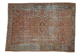 Distressed Mehrivan carpet, rich terracotta and sky blue geometric field, classic Samovar Turtle border.