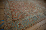 Distressed vintage Persian Mehrivan carpet corner, Samovar Turtle border, worn pile.
