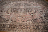 Vintage Distressed Khoy rug field and border detail, dusty mauve, charcoal, ivory.