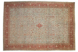 Distressed vintage Mahal carpet, dusty powder blue field with allover vinery and wine burgundy borders.