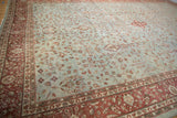 Vintage distressed Mahal carpet: delicate vinery on dusty blue, wine burgundy border, with even wear.