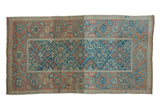 Distressed Persian Mahal rug with sky blue, tangerine, ivory lattice and inverted floral design.