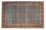 Distressed vintage Bibikabad carpet, dusty blue with terracotta vinery, palmettes, 12'7