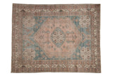 Distressed Persian Abadeh rug with a stepped center medallion, dusty mauve and sky blue, 5'1