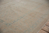 Distressed Birjand carpet texture with soft sand wool and subtle faded blue Herati motifs.