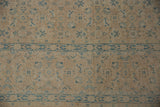 Distressed Birjand carpet with sand and dusty blue Herati motif and border detail.
