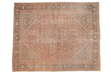 Distressed vintage Mahal carpet, mahi-mahi Herati pattern, palmette borders, in dusty red and blue.