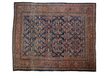 Hand-knotted vintage Persian Mahal carpet, allover mahi-mahi Herati design, blues, terracotta, abrashes.