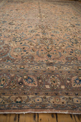 Vintage Distressed Kashan carpet: chocolate brown border, worn dusty mauve floral field.