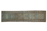 Distressed Vintage Malayer runner with faded powder blue and brown Herati field and floral border, 3'5