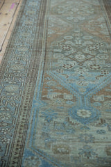 Traditional distressed Malayer runner detail: worn pile, powder blue, brown Herati motif.