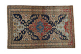 1930s vintage Northwest Persian rug, shield medallion, starburst blossoms, navy, red, beige, 2'11