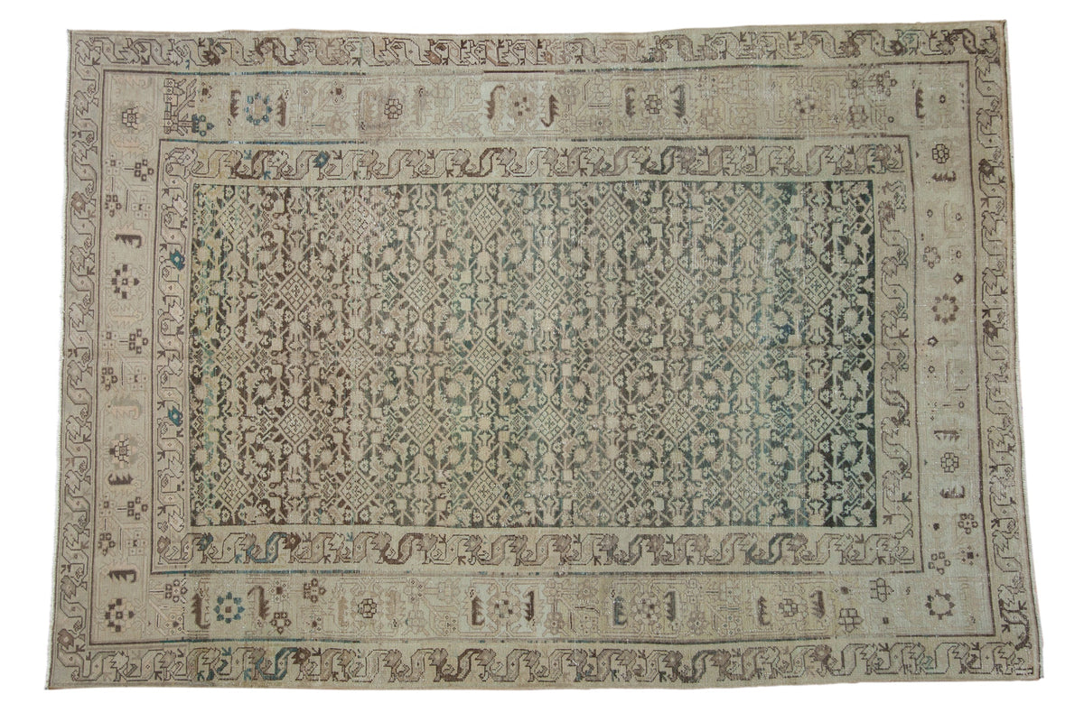 Vintage distressed Hamadan rug with a textured Herati design in dusty teal, charcoal, and platinum.