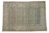 Vintage distressed Hamadan rug with a textured Herati design in dusty teal, charcoal, and platinum.