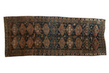 Distressed vintage Kurd runner rug, serrated medallions, tribal patterns, navy, copper, mallard green.