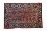 Vintage hand knotted Persian Malayer rug, dusty rose field, navy floral design, 3'5