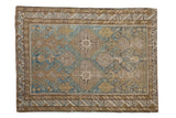 Antique Caucasian rug, allover geometric pattern in dusty blue and distressed earthy tones.