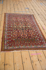 Angled view of a vintage Persian Belouch rug with a compartmentalized garden pattern.