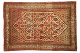 Vintage distressed Persian Serbend rug with an allover Herati design in cream, red, and mallard green.