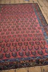 Hand-knotted vintage Kurdish Hamadan rug showing blush field's staggered boteh motifs and sapphire blue border.