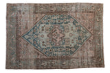 Distressed vintage Hamadan rug, dusty teal medallion, geometric pattern, faded mauve. 4'6