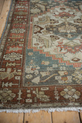 Vintage Distressed Malayer runner corner, geometric serrated leaf border, dusty teal field, even wear.