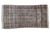 Distressed Hamadan runner rug, single column Harshang medallions in dusty teal, copper brown, ivory.