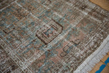 Textured, worn Hamadan runner, dusty teal, copper brown Harshang pattern, visible foundation.