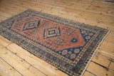 Hand-knotted vintage Heriz rug runner corner, geometric blossoms, sapphire and sand borders.