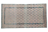 Vintage Distressed Malayer rug with dusty teal lattice on an abrash ivory field.