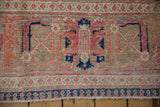 Distressed vintage Persian Joshegan rug, worn pile, exposed foundation, blue, pink border.