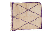 Hand-knotted ivory Moroccan square carpet with shaggy pile and violet diagonal lattice, 5'8