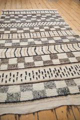 Close-up of vintage Moroccan carpet pile showing ivory, black, beige checkered and agricultural motifs.