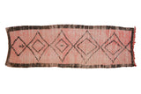 Vintage Moroccan Rug Runner in rose pink with charcoal diamond pattern and plant motifs, 3'4