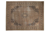 Distressed vintage Sivas carpet, starburst medallion, charcoal patterns on coffee brown, 8'10