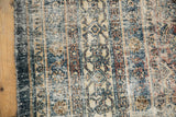 Distressed Bibikabad carpet texture with faded navy, ivory, and sand Herati patterns.