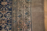 Distressed Northwest Persian runner: cobalt blue Herati, blush, camel, meandering border, worn edge.