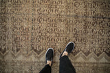Distressed antique Hamadan rug, worn Herati pattern in brown and ivory tones, with feet.