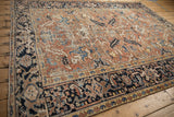 Vintage Mehrivan carpet with detailed navy blue turtle Samovar border and dusty blush field.