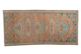 Distressed Persian Hamadan runner with cantaloupe melon, dusty blue medallions, worn pile, 2'7