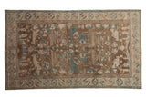 Vintage distressed Hamadan rug with stylized birds and leaves in coffee brown and faded turquoise blue.