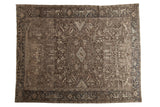 Vintage Distressed Mehrivan carpet, muted silver, teal, brown geometric floral patterns.
