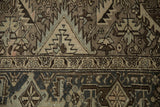 Distressed Mehrivan carpet border with muted teal, chocolate brown, and antique ivory tones.