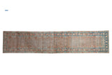 Distressed Antique Malayer runner, terracotta and dusty teal floral lattice field, pomegranate border.