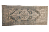 Vintage distressed Hamadan runner with stepped medallion, primitive floral, dusty blue, ivory tones. 3'6