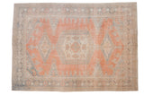 Distressed vintage Veece rug, hexagonal medallion in dusty cantaloupe and faded blue, 7'4