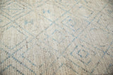 Distressed ivory wool pile with powder blue trellis and platinum shadow diamonds.